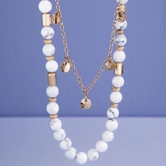 Gold Double Layer Howlite Necklace - Picture 3 of 4